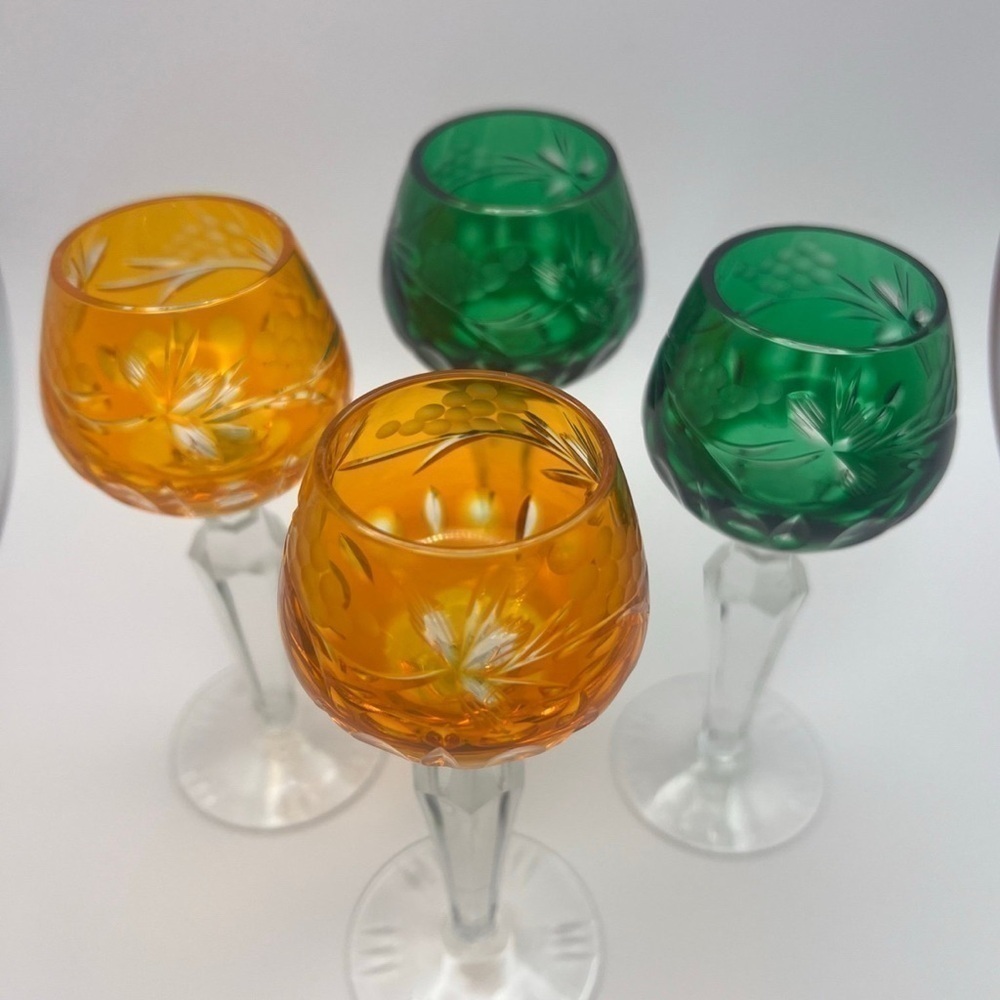 Handblown Crystal Cordial Glasses, Emerald Green and Orange - Picture 3 of 11